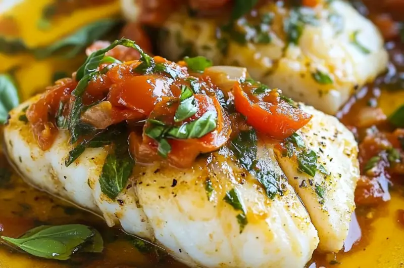 Pan-Seared Cod in White Wine Tomato Basil Sauce