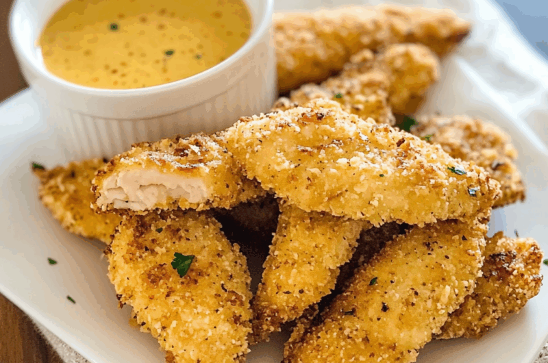 Baked Breaded Chicken Strips with Honey Mustard Dip