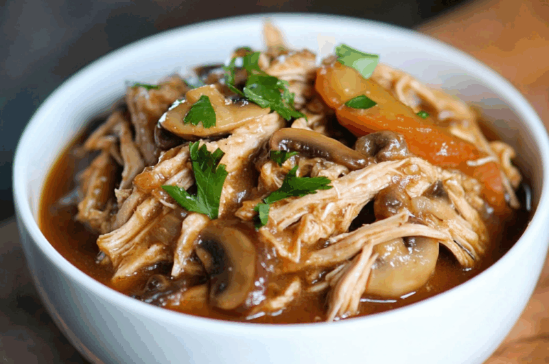 Shredded Pork in Mushroom Sauce (Slow Cooker Recipe)