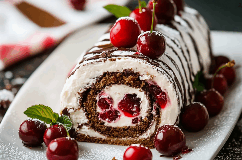 Chocolate Cherry Roll with Rum Cream