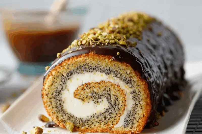 Poppy Seed Cake Roll with Cream Filling and Chocolate Ganache