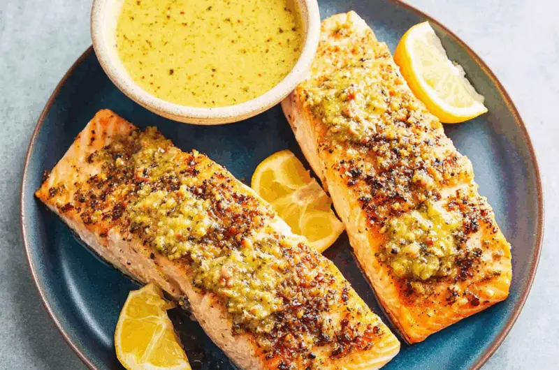 Easiest Broiled Salmon with Greek Ladolemono